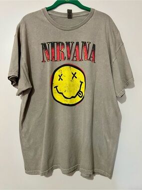 NIRVANA Band Tee with Yellow Smiley and Red Logo